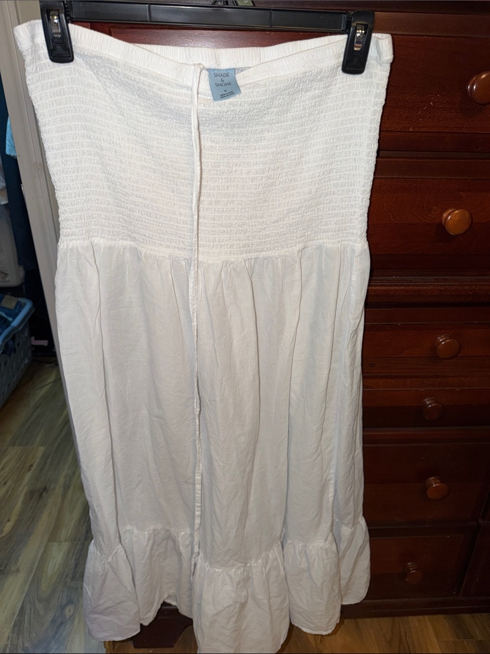 Shade & Shore White Strapless Smocked Maxi Dress with Ruffle Hem